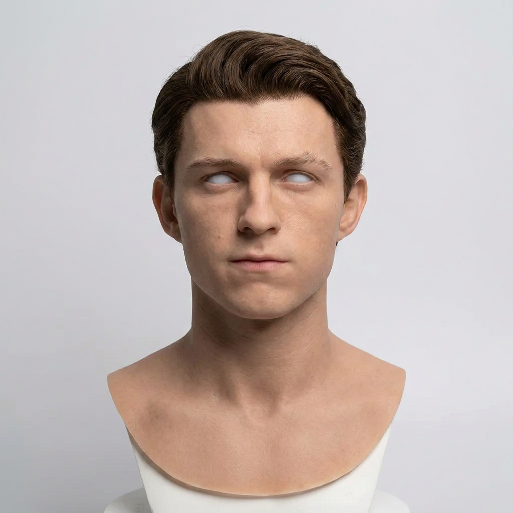 Realistic silicone head mask – front three-quarter view