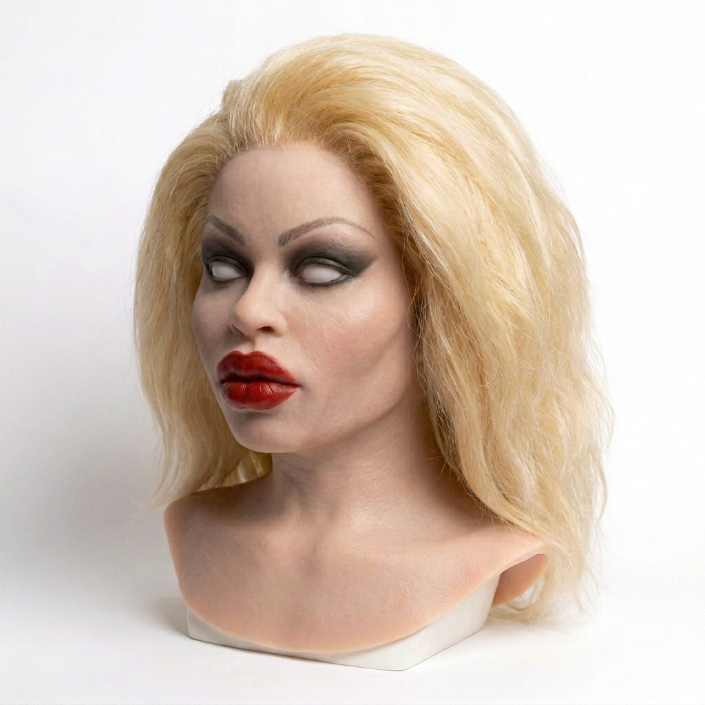 Realistic female silicone head mask – three-quarter view