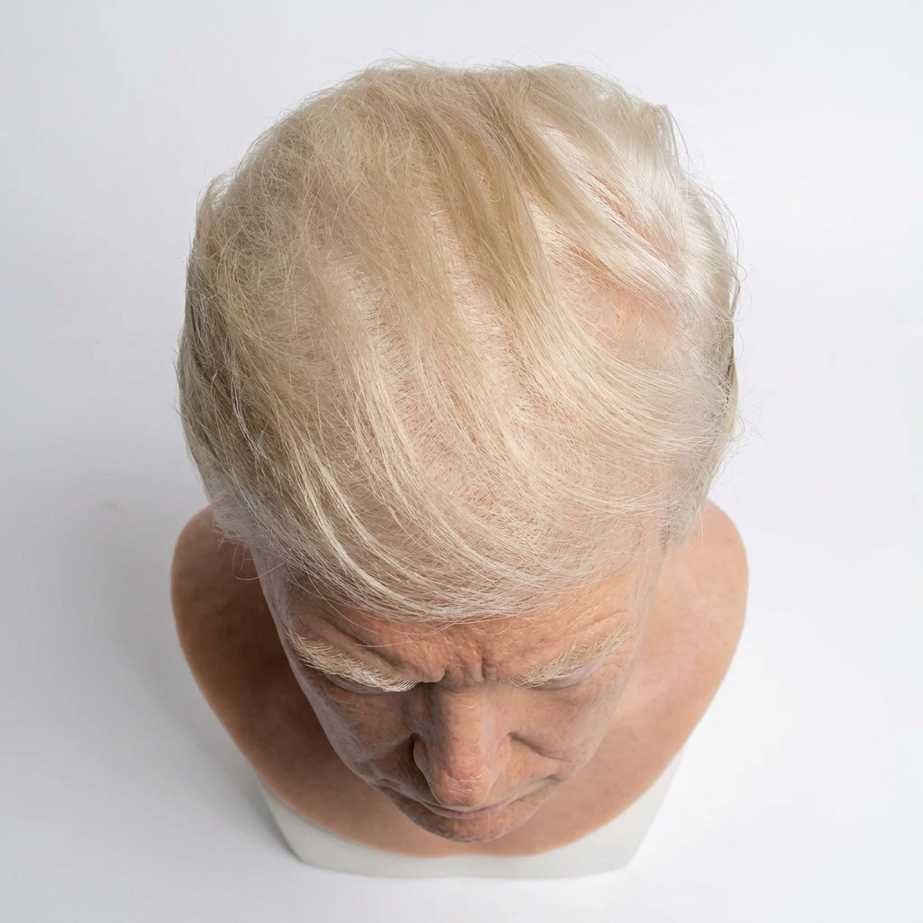 Realistic Trump-style silicone head mask – top view showing hair detail