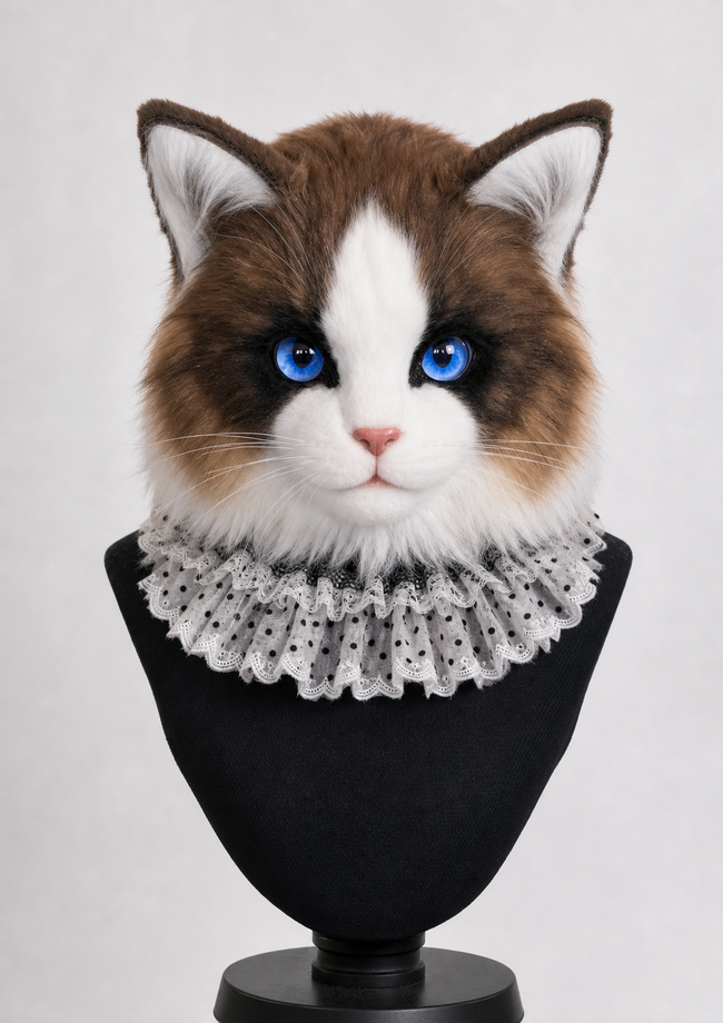 Realistic Ragdoll cat fursuit head – front view Hover Image