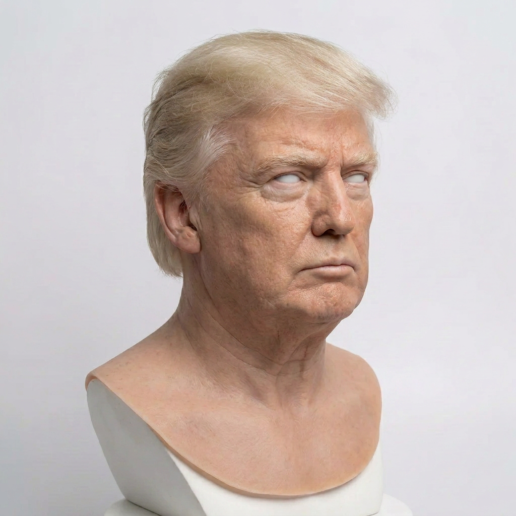 Realistic Trump-style silicone head mask – three-quarter view