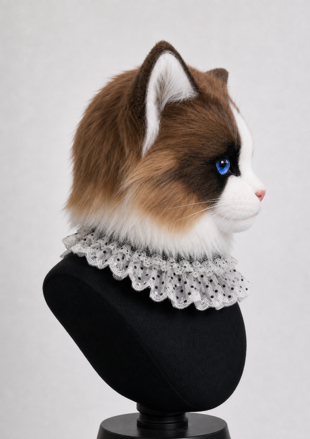 Realistic Ragdoll cat fursuit head – three-quarter view