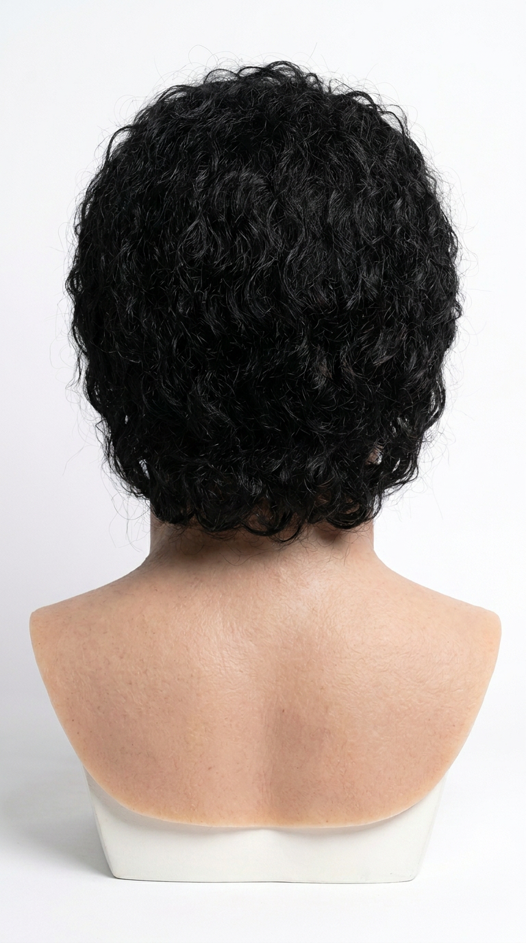 Realistic Michael Jackson silicone head mask – rear view showing curly hair